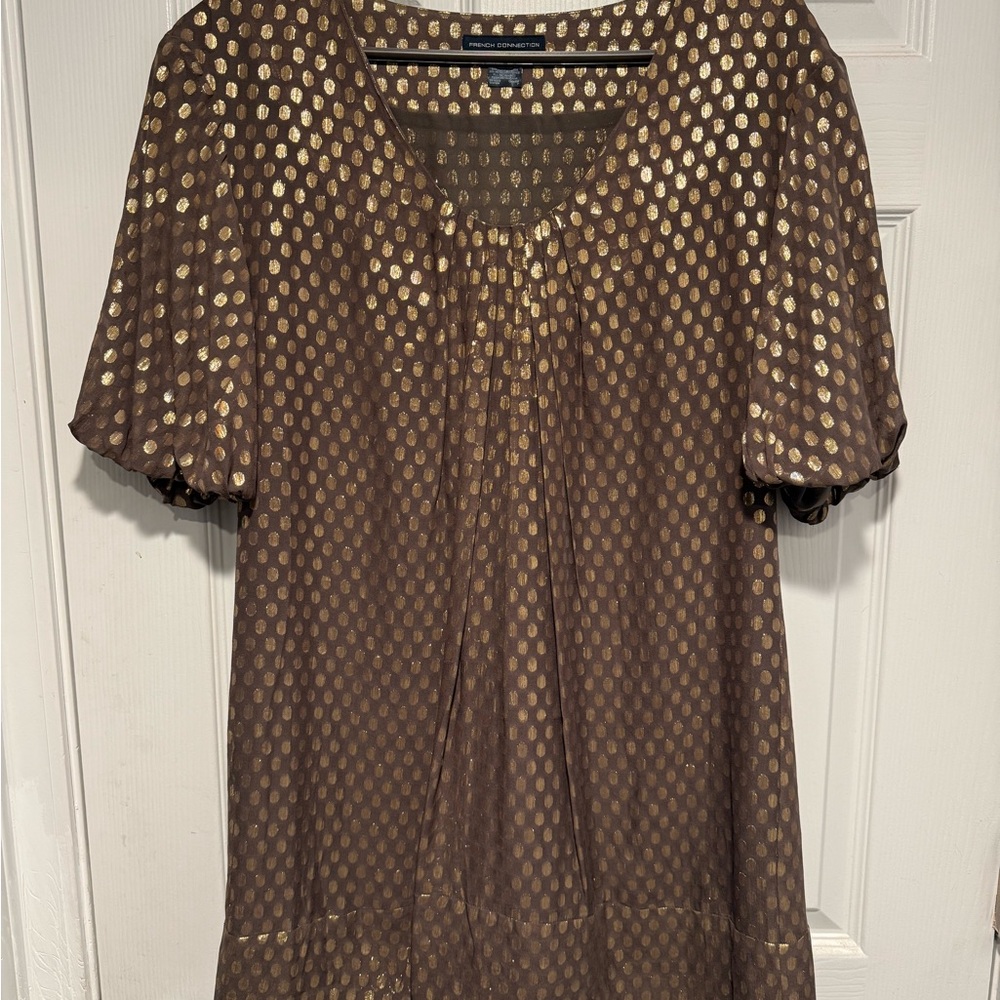 French Connection Vintage Brown and Gold Polka Dot Dress